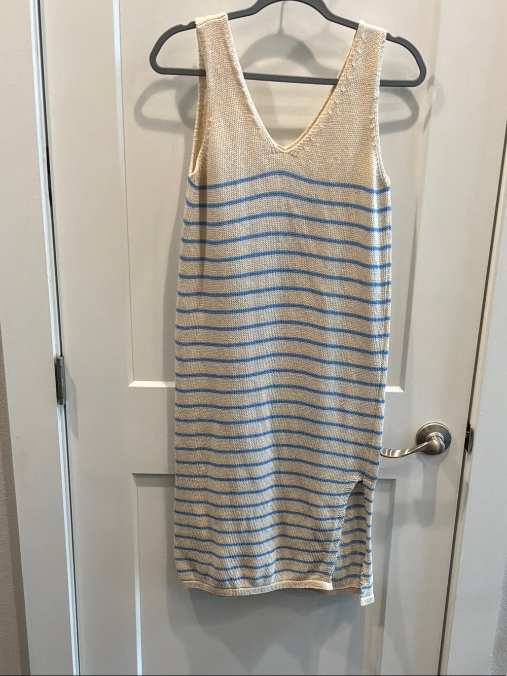 Floris S/M Italy Organic Cotton Sleeveless Cream & Blue Striped Knit Dress